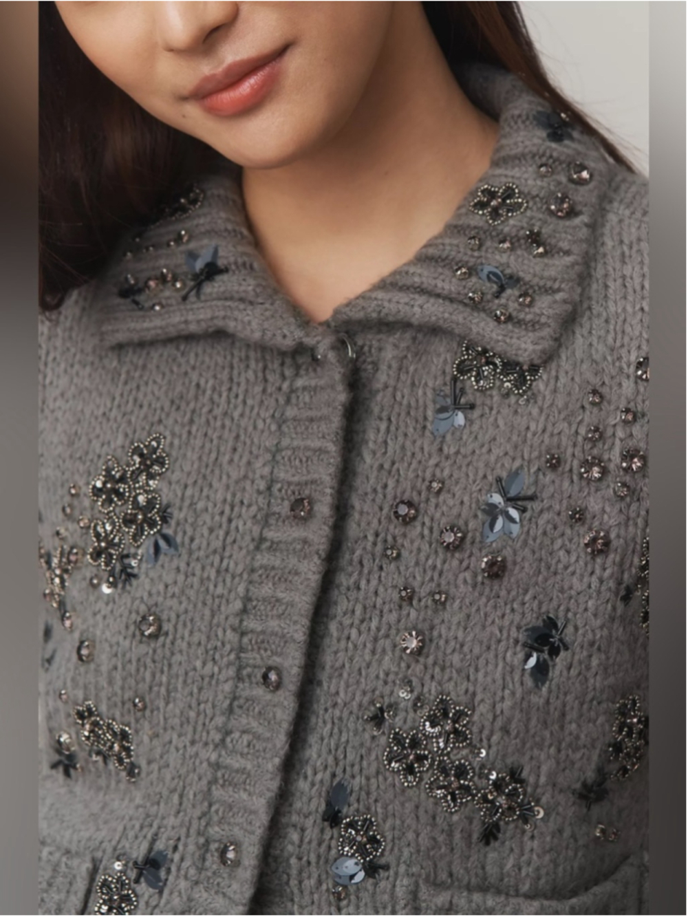 Pilcro Embellished Floral Collared Cardigan Sweater Grey Medium Anthropologie - Picture 14 of 14